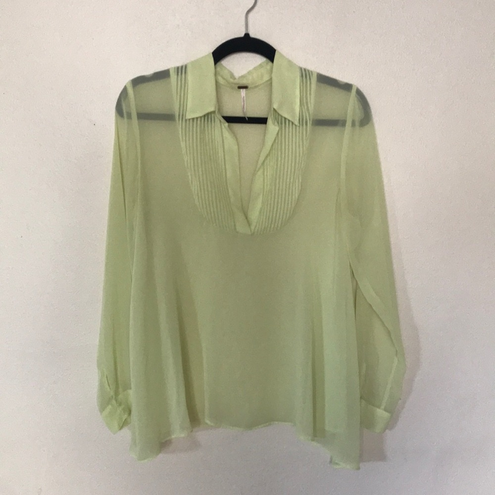 Free People Sheer Long Sleeve Shirt XS Lime Green